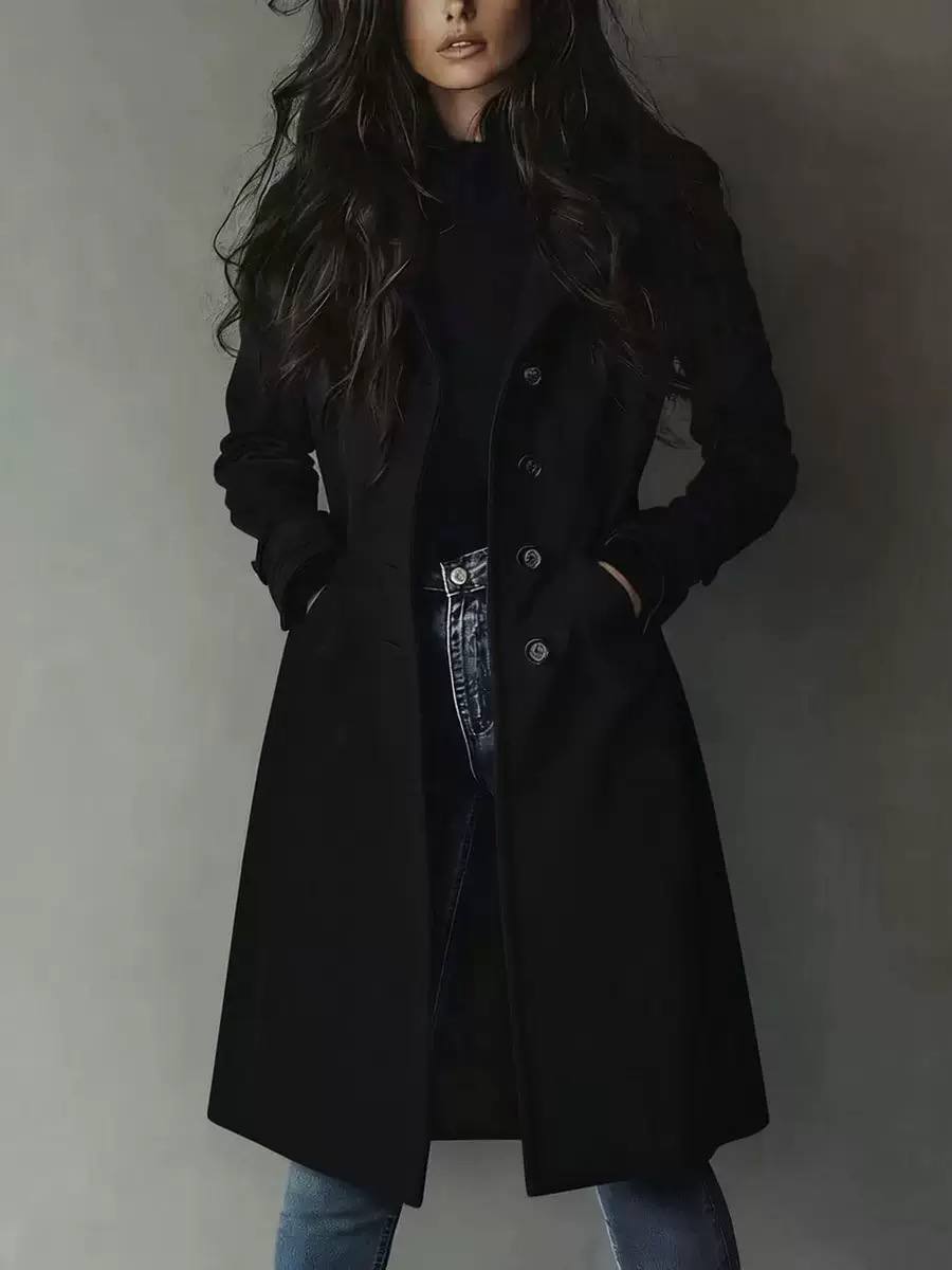 Women's Longline Button-Front Tailored Coat – Black