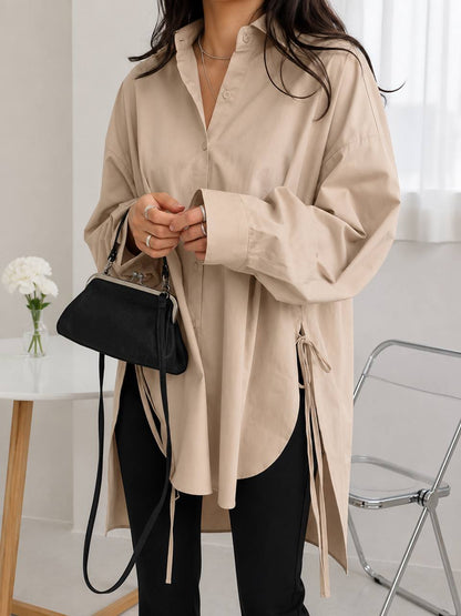 Women's Oversized Longline Side-Tie Button-Front Shirt – Beige