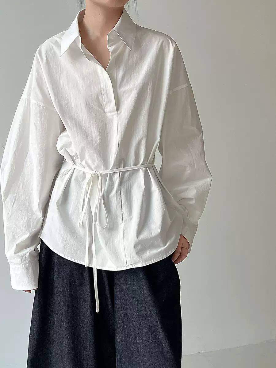 Women's Relaxed Collared Tie-Waist Shirt – White