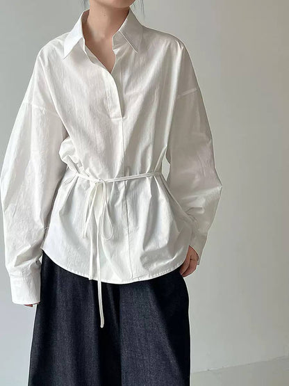 Women's Relaxed Collared Tie-Waist Shirt – White