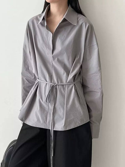 Women's Relaxed Collared Tie-Waist Shirt – Gray