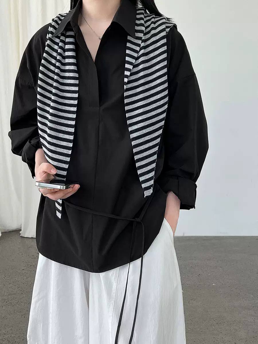 Women's Relaxed Collared Tie-Waist Shirt – Black