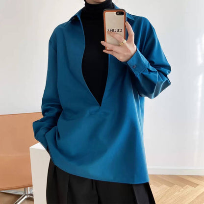 Women's Relaxed Deep V-Neck Collared Blouse – Blue