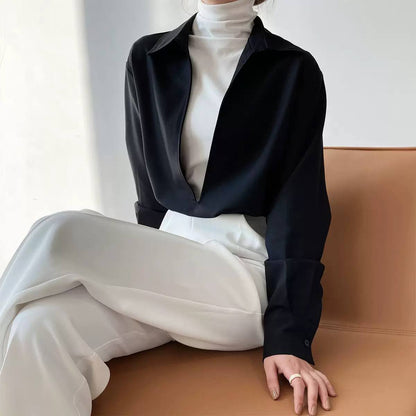 Women's Relaxed Deep V-Neck Collared Blouse – Black