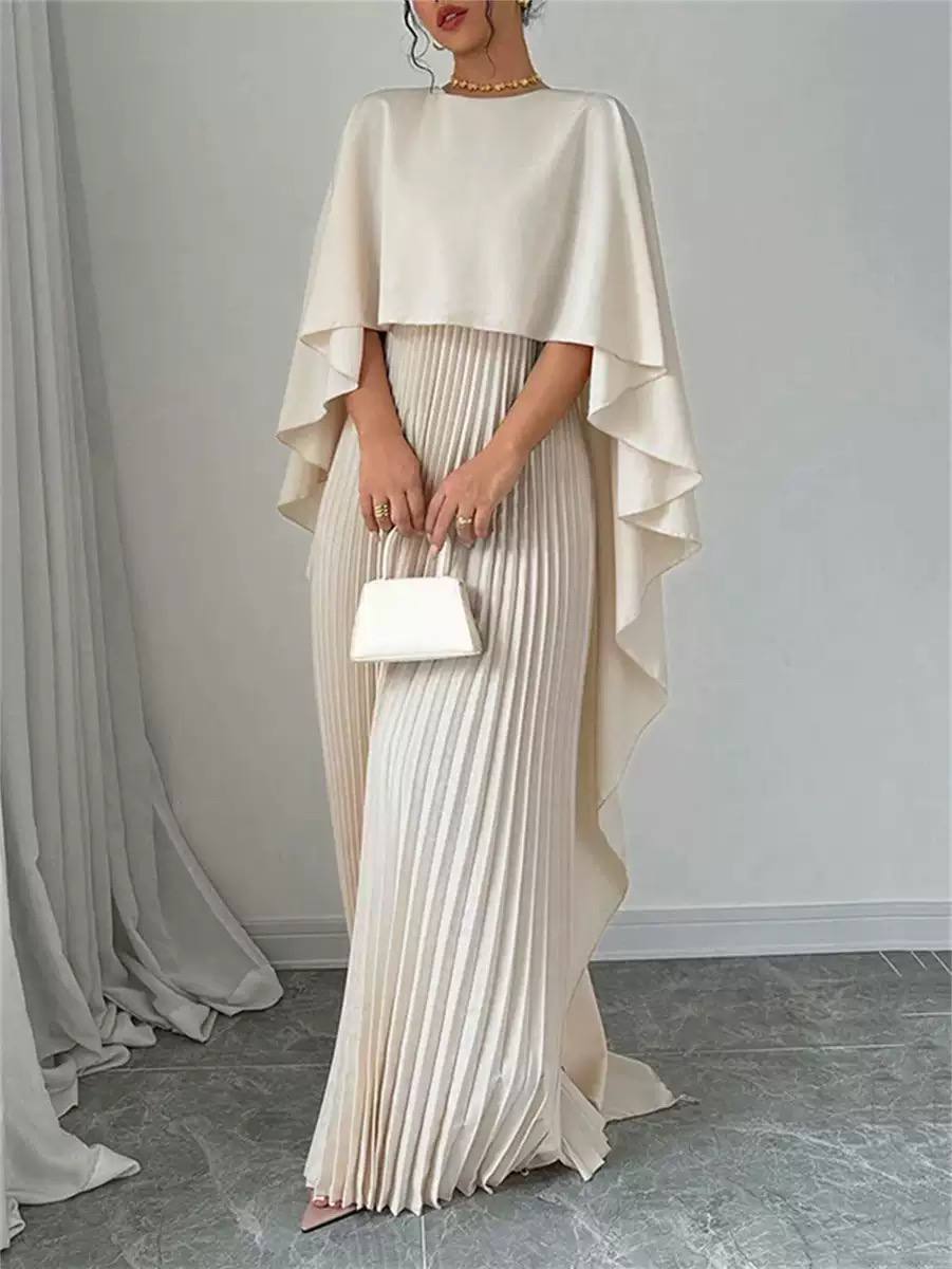 Women's Pleated Maxi Dress with Flowing Cape Overlay – Cream
