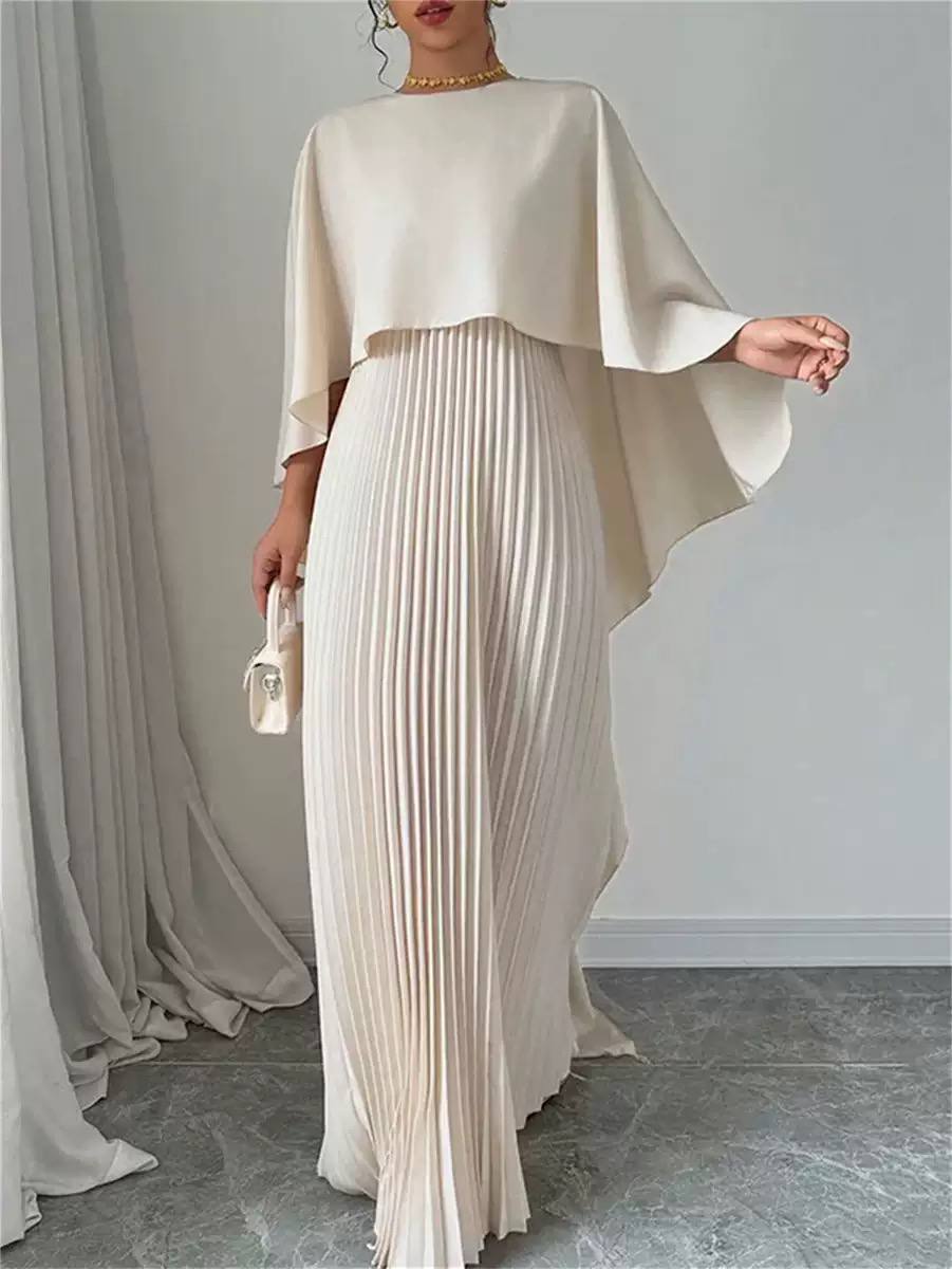 Women's Pleated Maxi Dress with Flowing Cape Overlay – additional product image