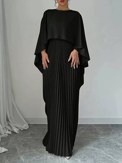 Women's Pleated Maxi Dress with Flowing Cape Overlay – Black