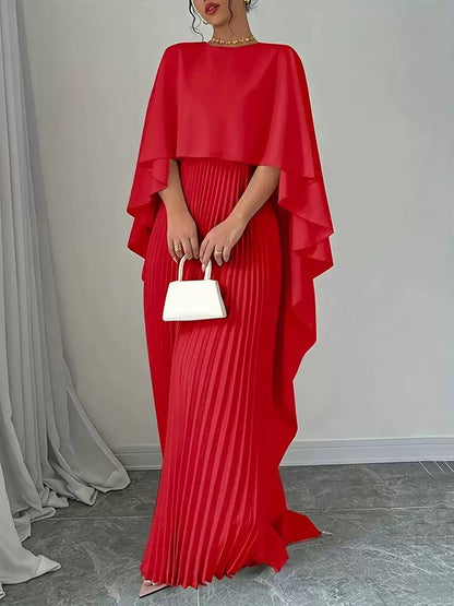 Women's Pleated Maxi Dress with Flowing Cape Overlay – Red