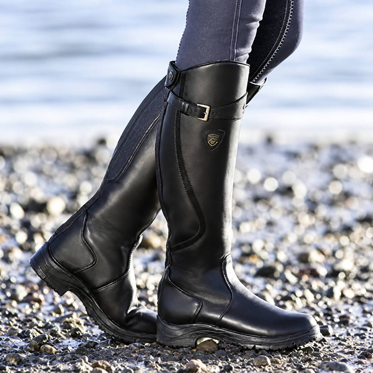 Women's Knee-High Buckle Riding Boots with Tread Sole – Black
