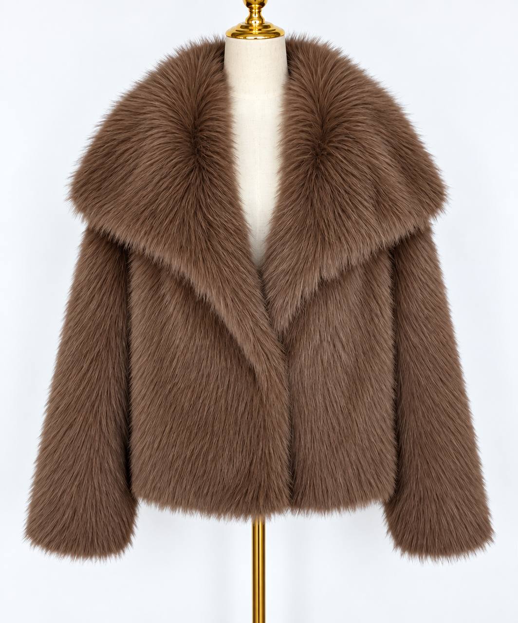 Women's Plush Wide-Collar Short Jacket – Brown