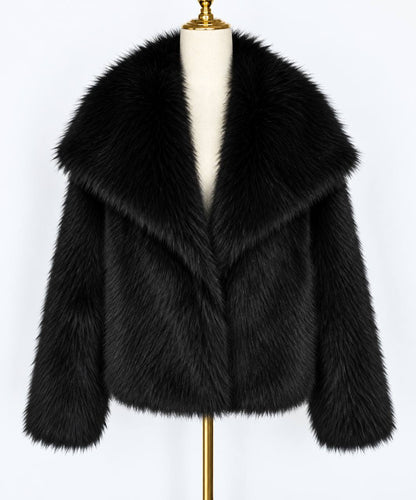 Women's Plush Wide-Collar Short Jacket – Black