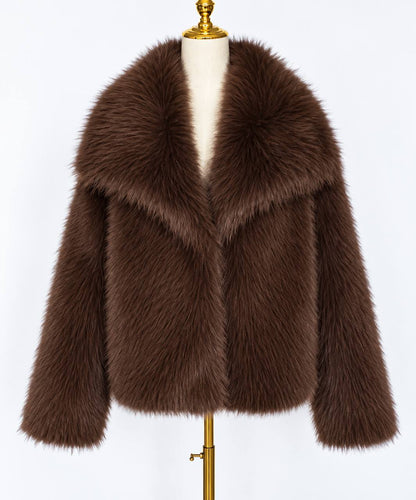 Women's Plush Wide-Collar Short Jacket – Dark Brown