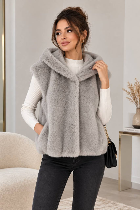 Women's Plush Hooded Sleeveless Vest with Pockets – White