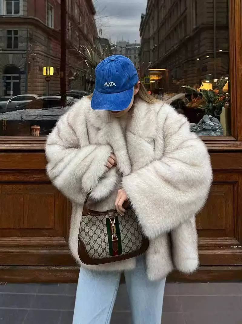 Women's Oversized Wide-Lapel Plush Coat – Dark Brown