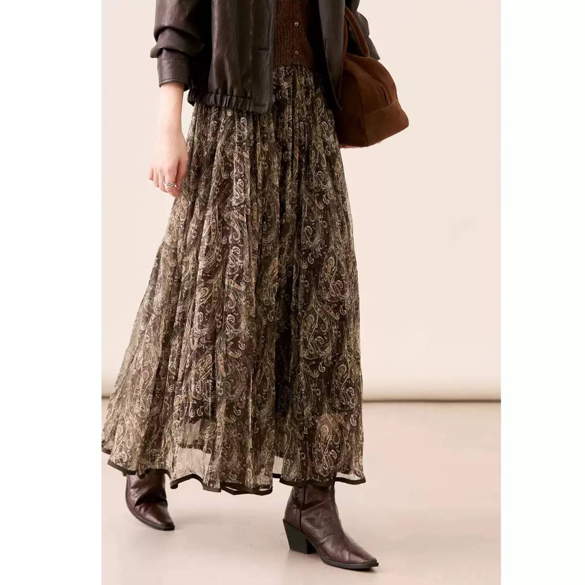 Women's Paisley Layered Flowing Maxi Skirt – Brown