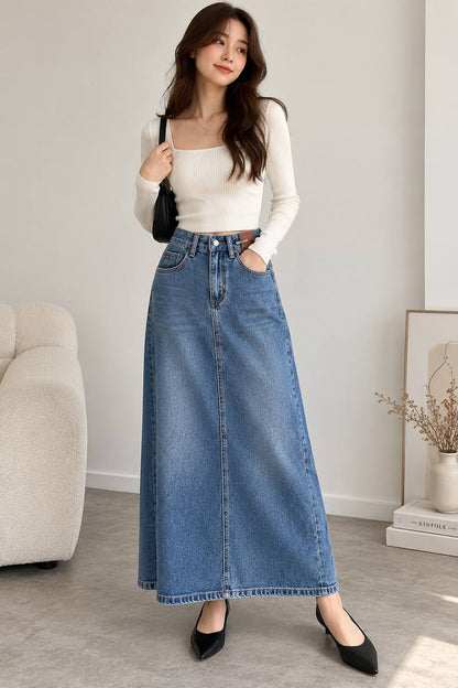 Women's High-Waisted A-Line Denim Maxi Skirt – Blue