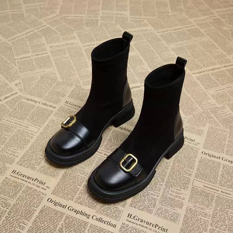Women's Buckle-Detail Sock-Shaft Block-Heel Boots – Dark Brown