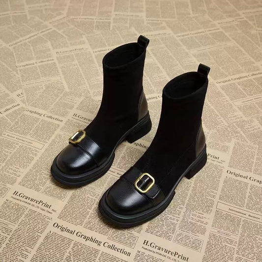 Women's Buckle-Detail Sock-Shaft Block-Heel Boots – Dark Brown