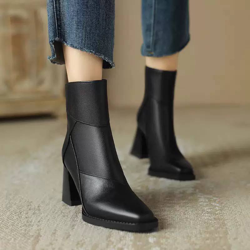 Women's Pointed Panelled Block-Heel Ankle Boots – Black