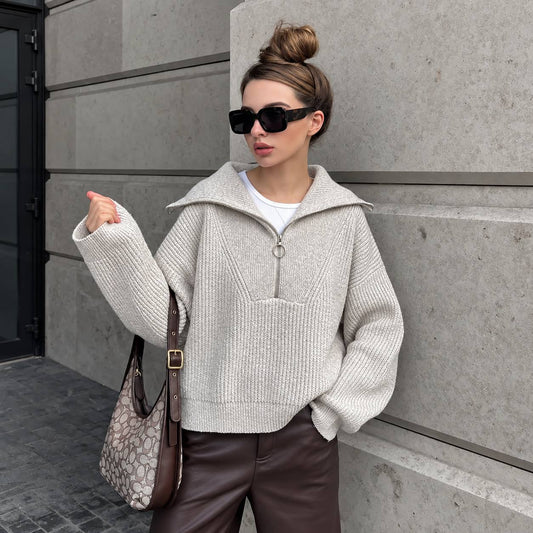 Women's Relaxed Half-Zip Collared Knit Jumper – Light Grey