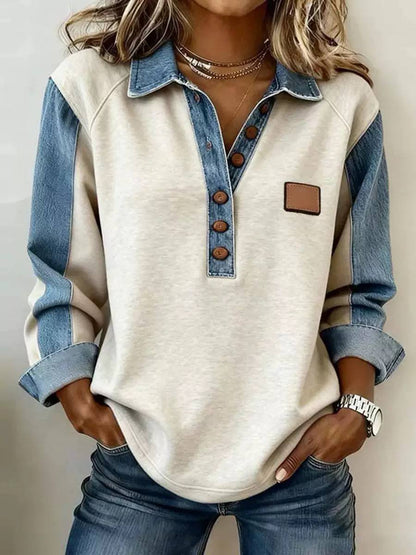 Women's Denim-Trim Button-Placket Pullover – Cream & Denim