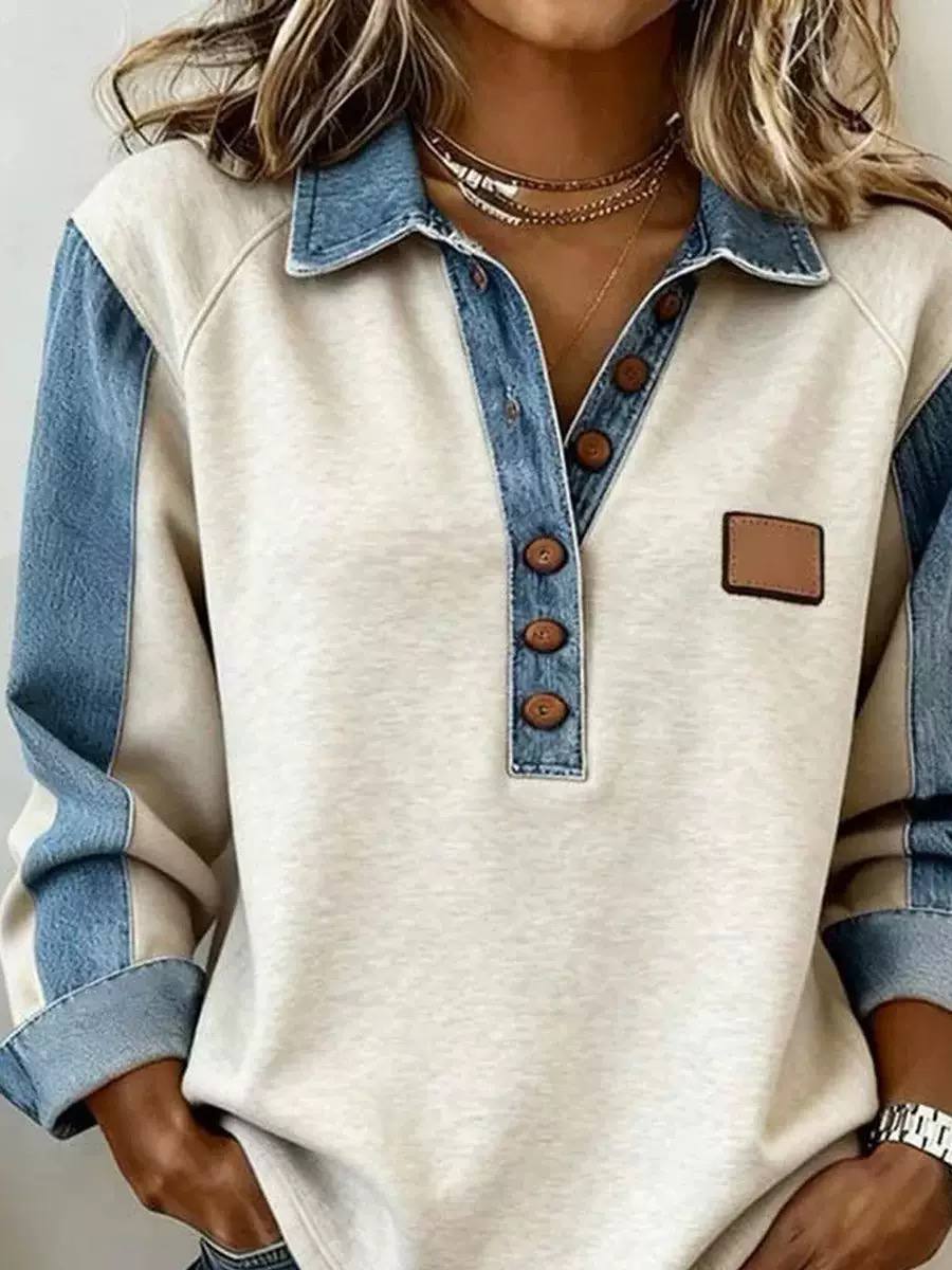 Women's Denim-Trim Button-Placket Pullover – additional product image