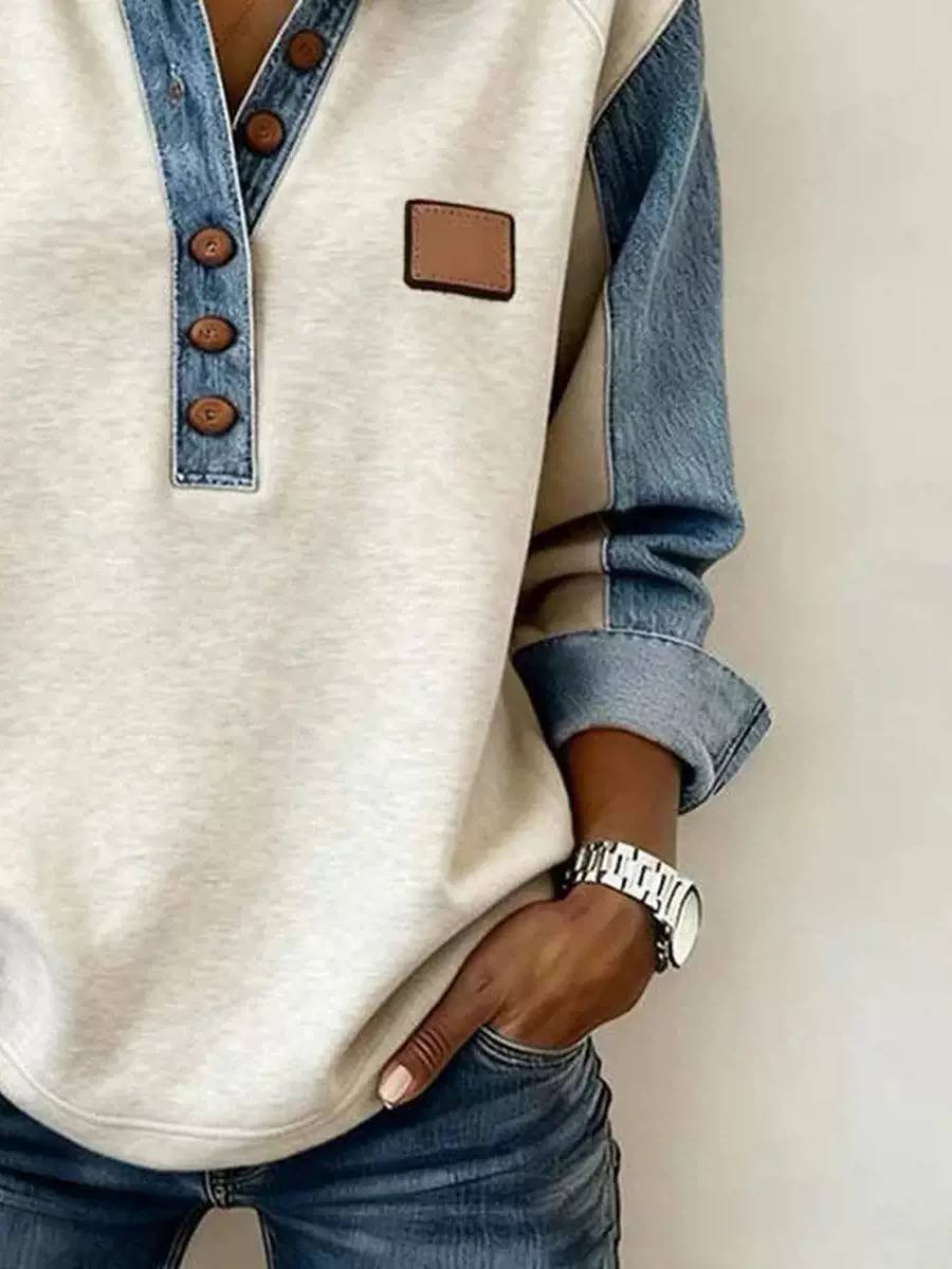 Women's Denim-Trim Button-Placket Pullover – additional product image