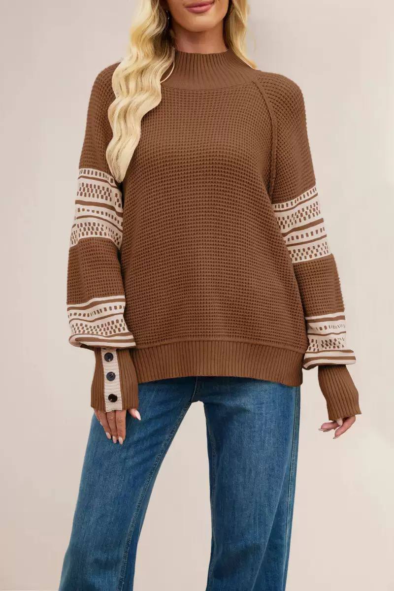 Women's Patterned-Sleeve High-Neck Knit Jumper – Brown & Cream