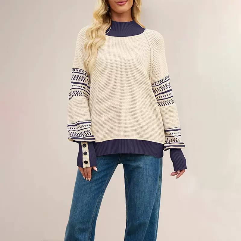 Women's Patterned-Sleeve High-Neck Knit Jumper – additional product image