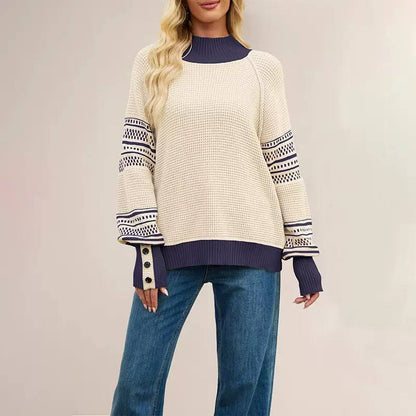Women's Patterned-Sleeve High-Neck Knit Jumper – additional product image