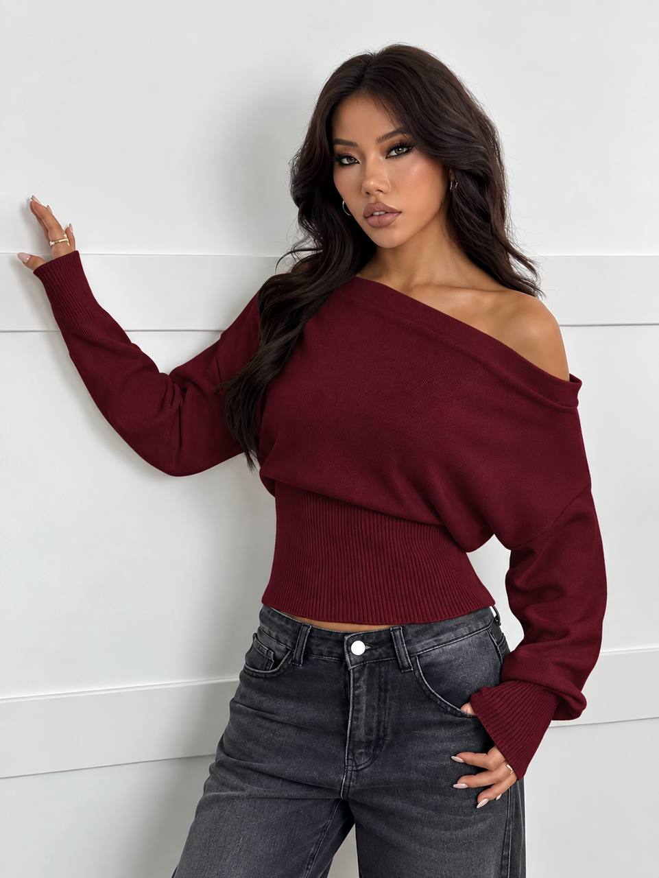 Women's Off-Shoulder Ribbed-Waist Knit Top – Burgundy