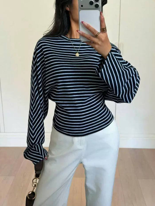 Women's Striped Shaped-Waist Balloon-Sleeve Top – Navy Stripe
