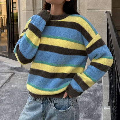 Women's Soft Striped Relaxed Crew-Neck Jumper – Multicolour Stripe