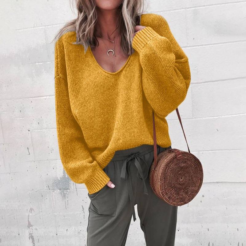 Women's Relaxed V-Neck Drop-Shoulder Knit Jumper – Grey