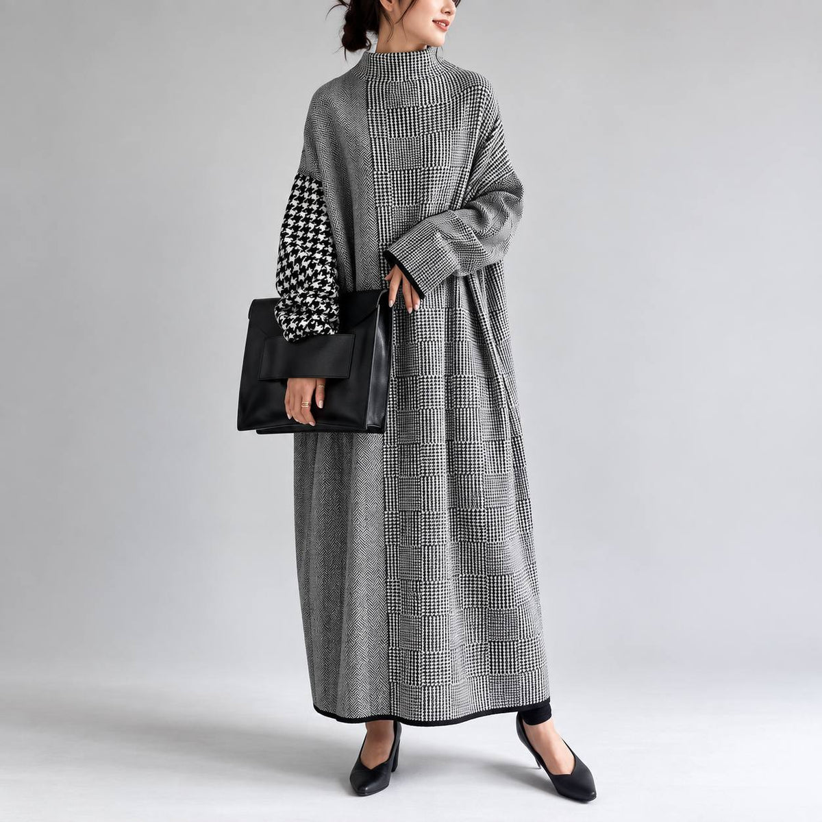 Women's Mixed-Pattern High-Neck Oversized Knit Maxi Dress