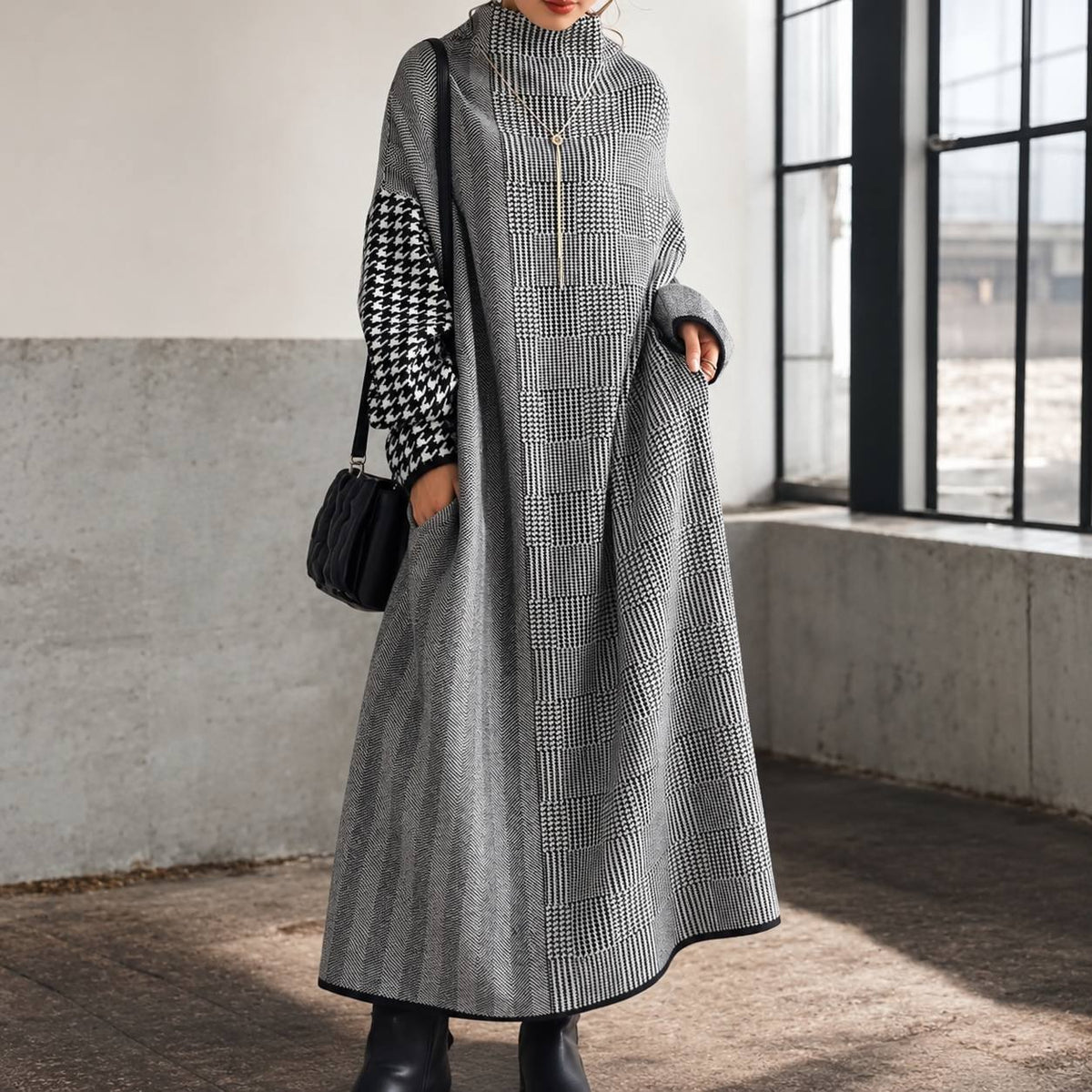Women's Mixed-Pattern High-Neck Oversized Knit Maxi Dress