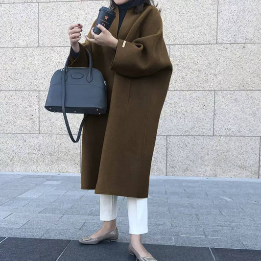 Women’s Relaxed Open-Front Kimono Sleeve Longline Coat - Dark Brown