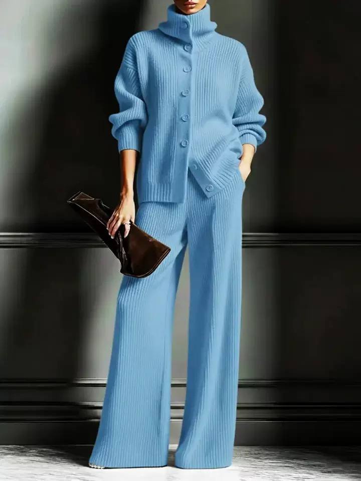 Women’s Ribbed Knit Two-Piece Top and Wide-Leg Trouser Set - Light Blue