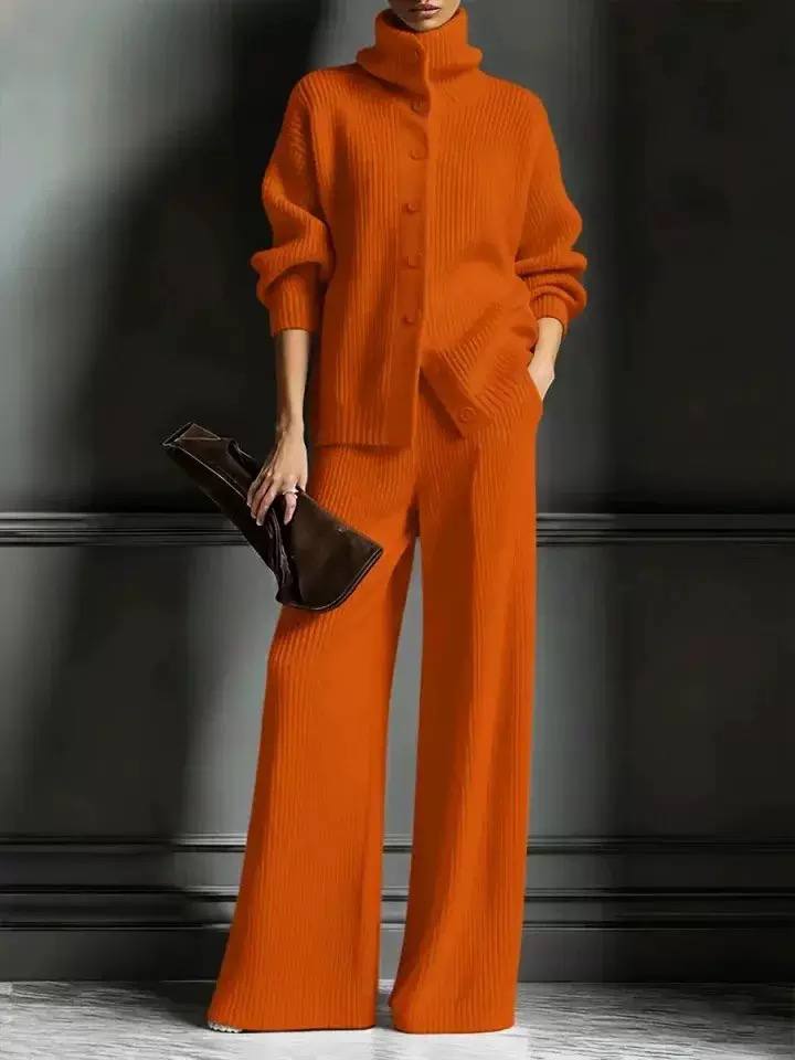 Women’s Ribbed Knit Two-Piece Top and Wide-Leg Trouser Set - Orange