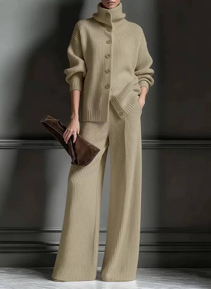Women’s Ribbed Knit Two-Piece Top and Wide-Leg Trouser Set - Beige