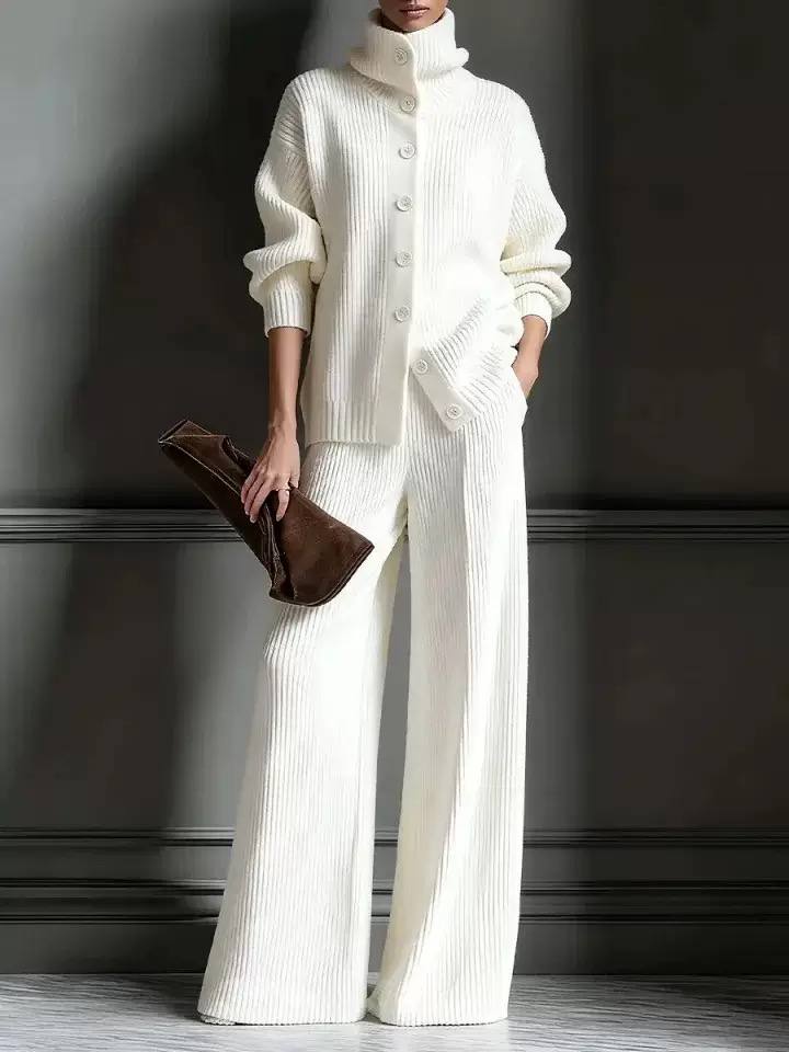 Women’s Ribbed Knit Two-Piece Top and Wide-Leg Trouser Set - White