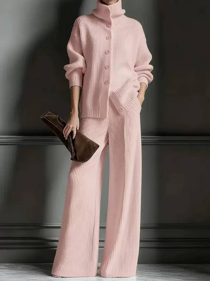Women’s Ribbed Knit Two-Piece Top and Wide-Leg Trouser Set - Pink