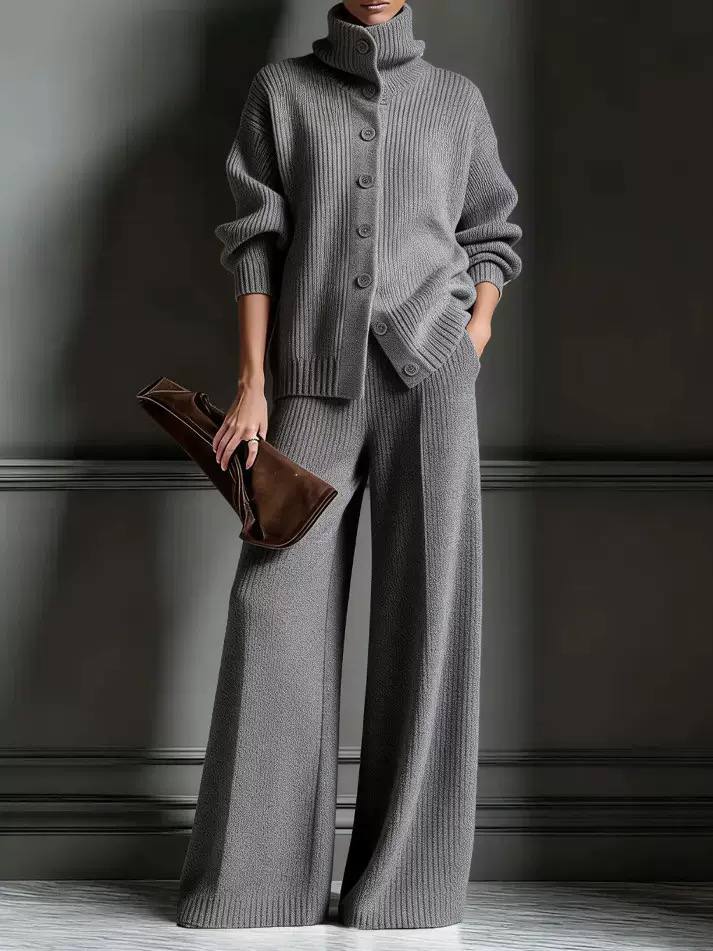 Women’s Ribbed Knit Two-Piece Top and Wide-Leg Trouser Set - Grey