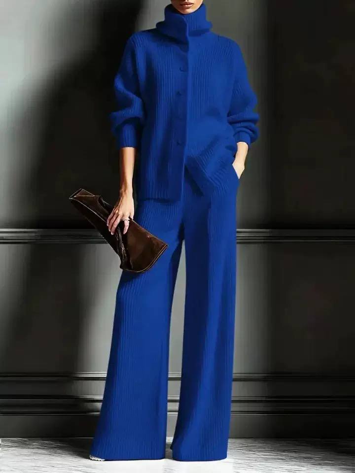 Women’s Ribbed Knit Two-Piece Top and Wide-Leg Trouser Set - Royal Blue