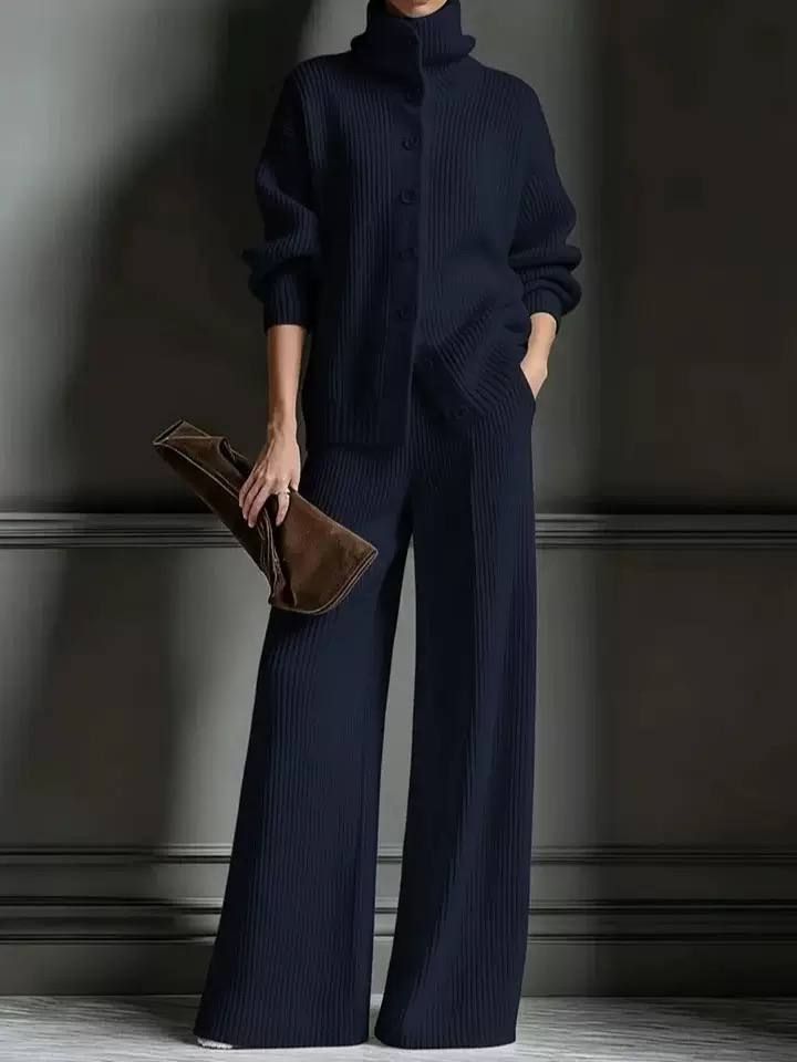 Women’s Ribbed Knit Two-Piece Top and Wide-Leg Trouser Set - Navy