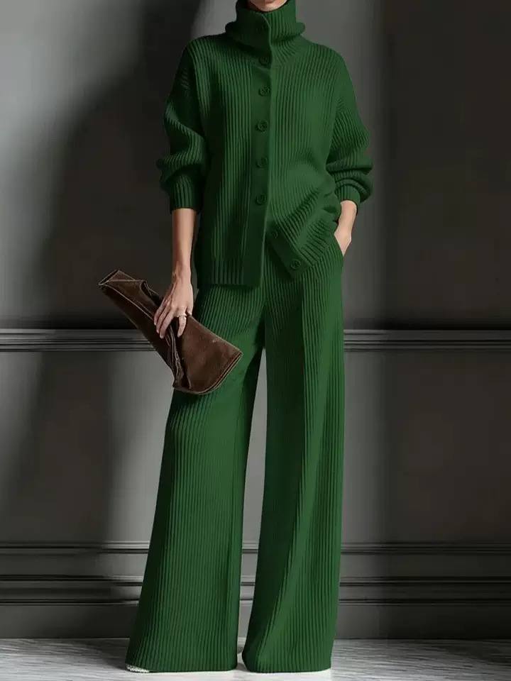 Women’s Ribbed Knit Two-Piece Top and Wide-Leg Trouser Set - Green