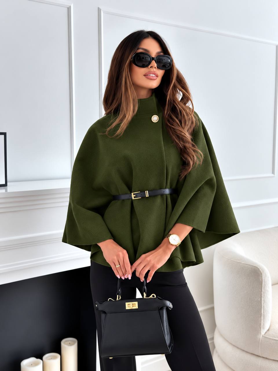 Women’s Belted Cape Sleeve Short Jacket - Olive Green
