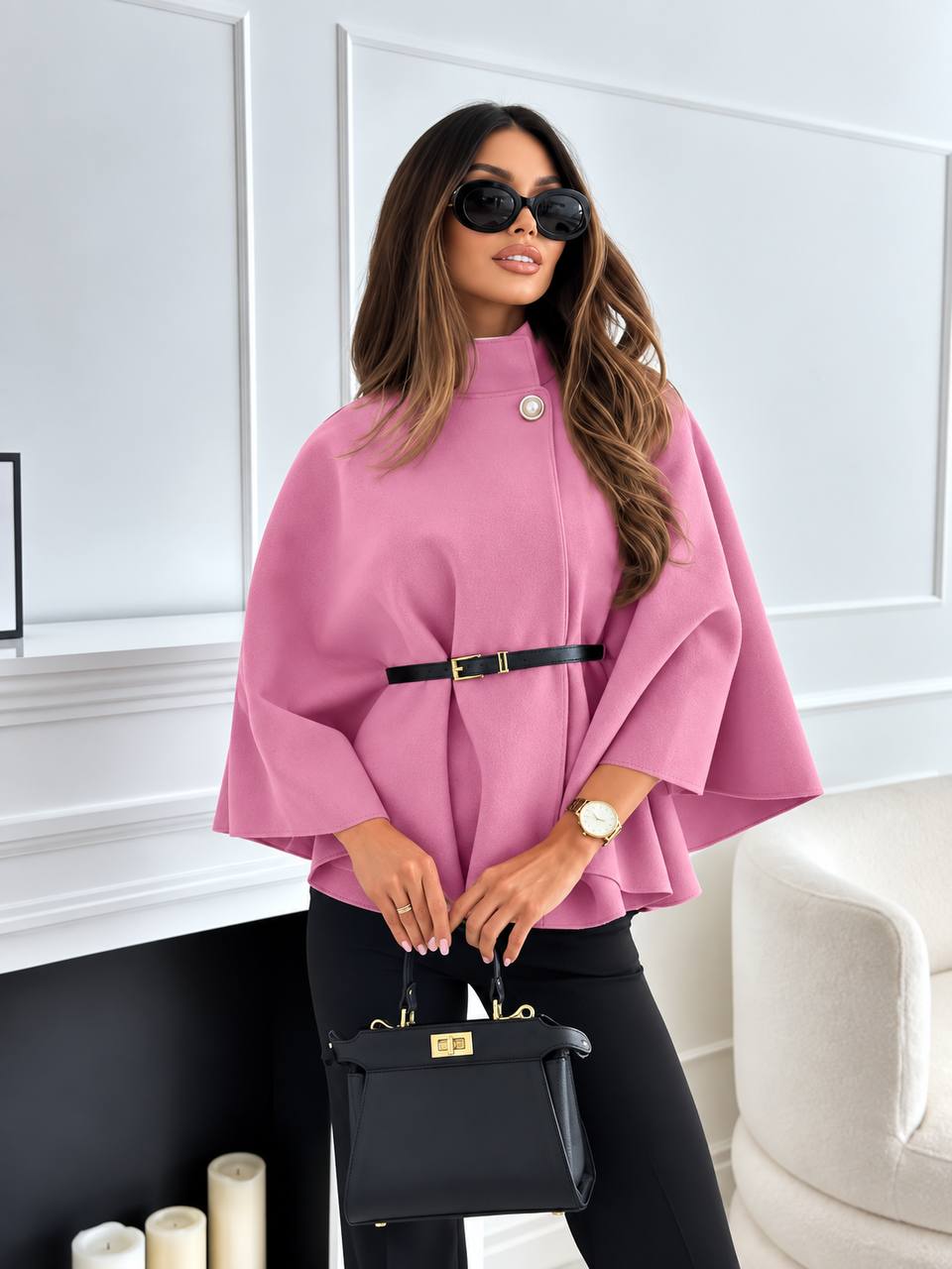 Women’s Belted Cape Sleeve Short Jacket - Pink