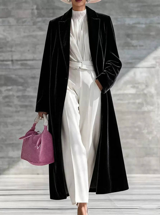 Women’s Velvet Open-Front Longline Coat - Black