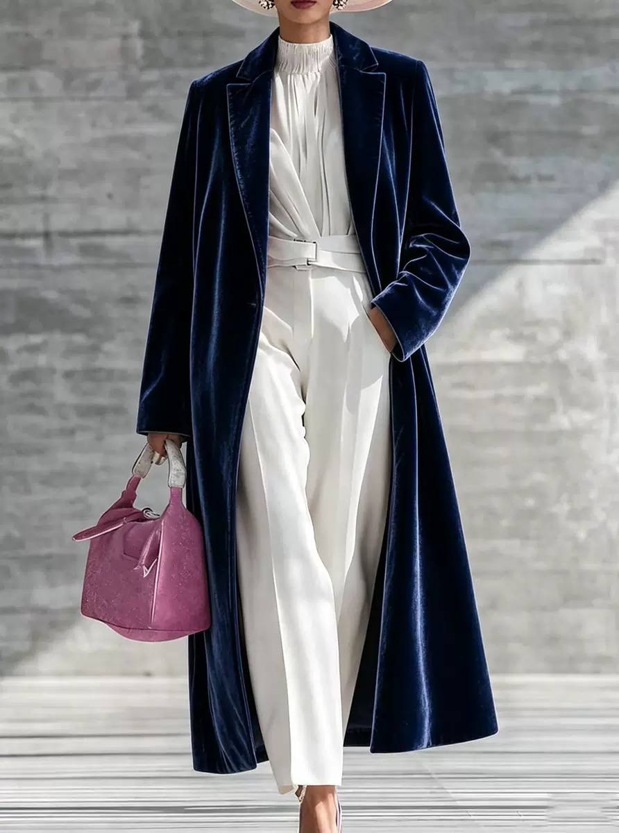 Women’s Velvet Open-Front Longline Coat - Navy
